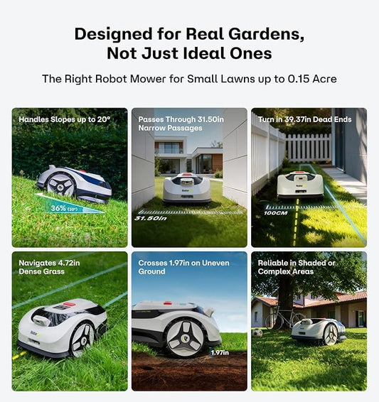 Raccoon 2 SE Robot Lawn Mower with Replaceable Front Wheels, Auto Mapping Robotic Lawnmower for 0.15 Acre with APP Control, Vision Navigation, 20°Slope, Ideal Robot Mower for Small Lawns