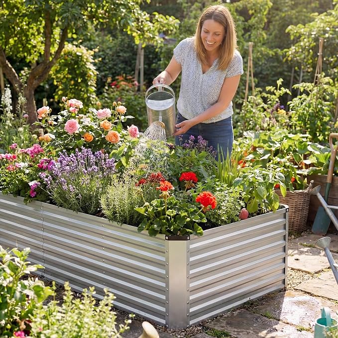 NEWBULIG Galvanized Raised Garden Bed Outdoor, 8x4x2ft Metal Planter Box for Gardening, Rust-Resistant Rectangular Raised Flower Bed for Vegetables Flowers Herbs, Open Bottom, Easy Assembly