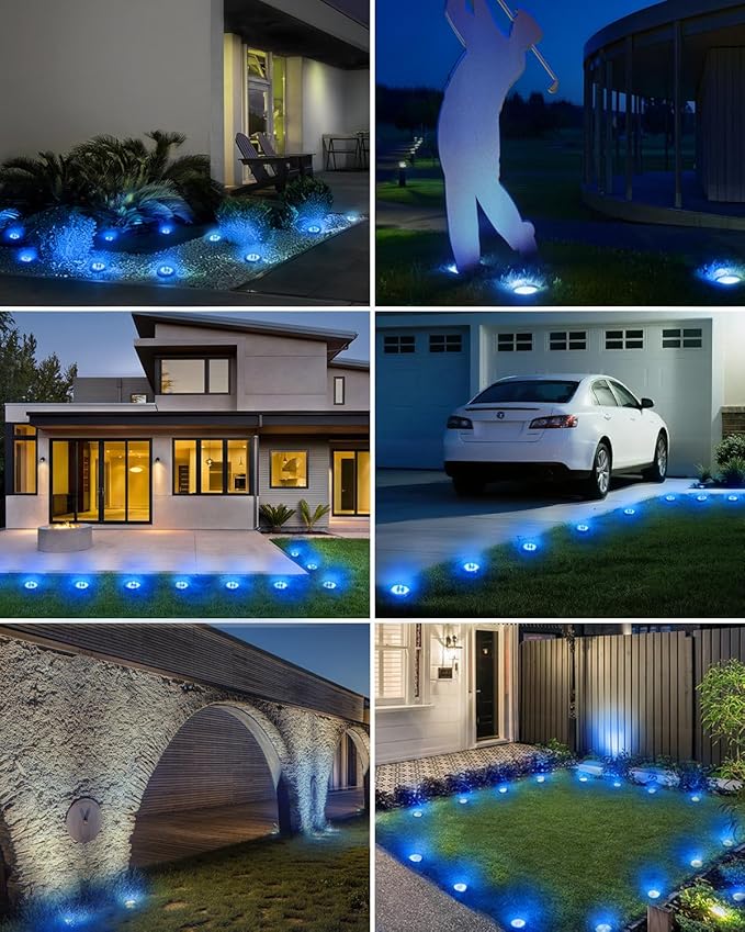 btfarm 16 Pack Solar Lights Outdoor, 8 LED Solar Ground Lights IP65 Waterproof Flat Solar Disc Light, Pathway Lights for Garden Lawn Patio Yard Path Landscape, Blue