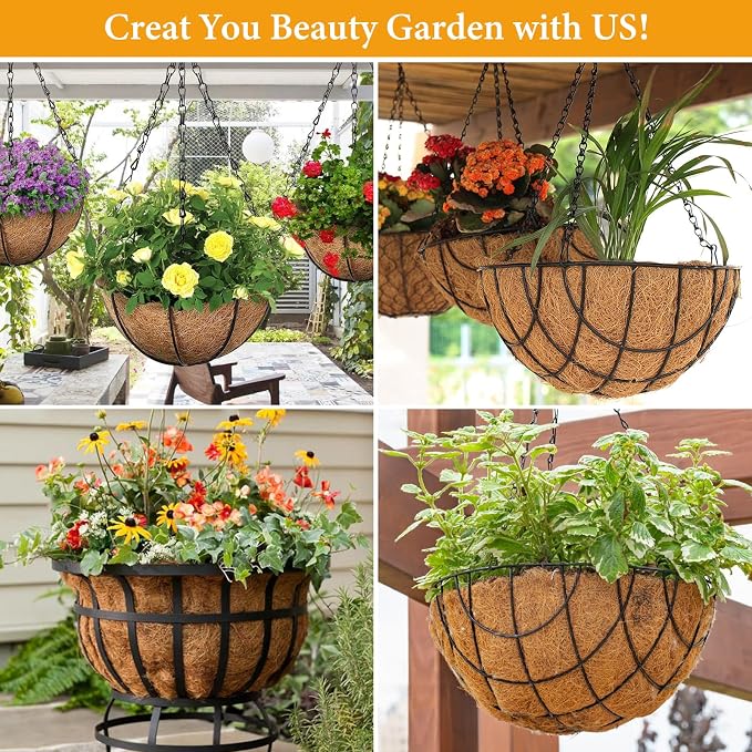 Legigo 4 Pack 8 Inch Hanging Basket Coco Liners Replacement, 100% Natural Round Coconut Coco Fiber Planter Basket Liners for Hanging Basket Flowers/Vegetables