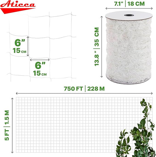 ATICCA Trellis Netting 5 x 750 ft Heavy Duty Polyester Plant Support Netting White - 6 Inch Garden Rope Trellis on Roll - Mesh Twine for Growing Vine Climbing Plants, Flowers, Peas, and Tomatoes.