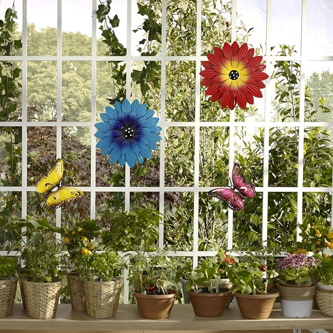 Outdoor Metal Flowers Butterfly Wall Art Decor, Fence Wall Art Decoration, Suitable for Hanging Decoration on Outdoor Fences, Gardens, Courtyards, and Terraces (4, Colorful)