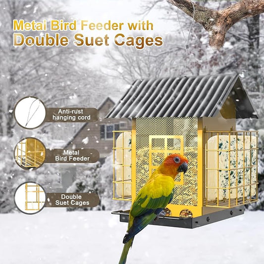 FlowaFoli Bird Feeders for Outdoors Hanging, Metal Bird Feeder with Double Suet Cage Cake, Large Capacity, Birdfeeders Sturdy & Weatherproof, Easy to Clean & Refill, Great for Attracting Wild Birds