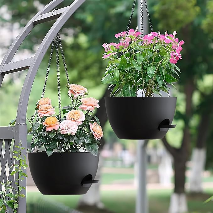UOUZ Set of 3-10 Inch Self Watering Hanging Planters for Indoor & Outdoor,Hanging Plant Pots with Drainage & Removable Tray, Hanging Pots Holder for Ivy, Spider Plants, Ferns, Balcony & Patio, Black