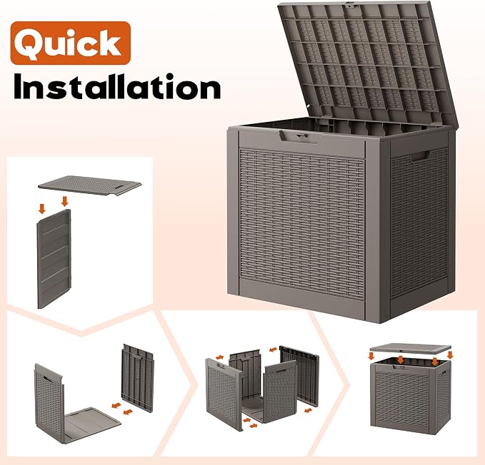 Outdoor Storage Box, Resin Deck Boxes Indoor and outdoor, Waterproof Storage Box Lockable Lid (Grey, 35 Gallon)