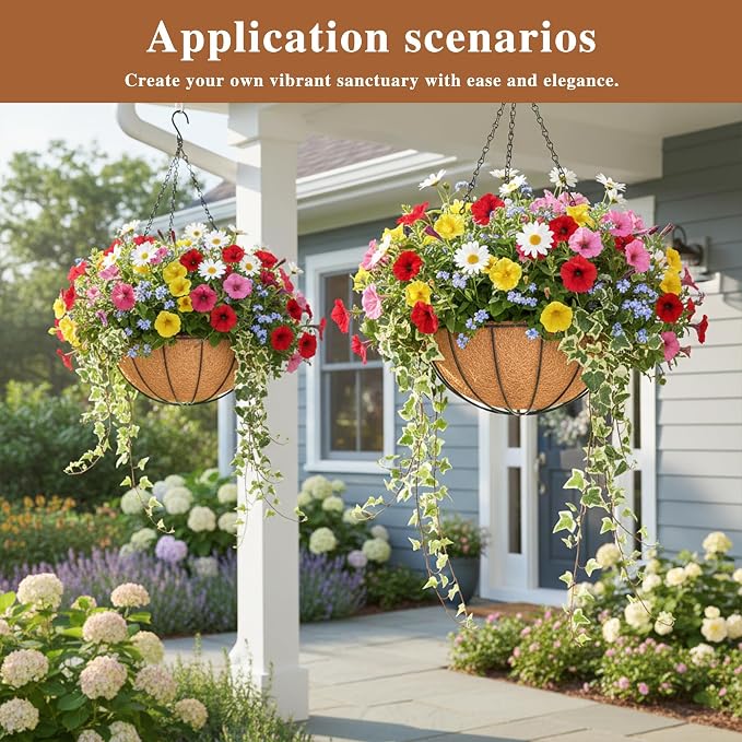 4 Pack Hanging Planter for Outdoor Plants 12 inch Metal Hanging Flower Basket with Coco Coir Liner Round Wire Plant Holder Chain Flower Pots Outdoor Garden Decoration Watering Hanging Baskets(XG)