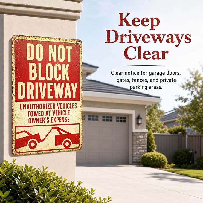 Do Not Block Driveway Tin Sign, 12 x 8 Inch Unauthorized Vehicles Aluminum Metal Wall Decor, Vintage Towing-Style Notice for Garage, Gate, Fence