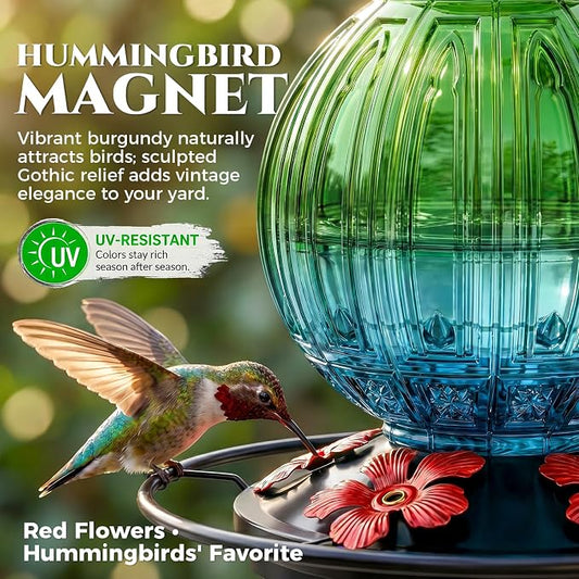 Glass Hummingbird Feeder for Outdoors Hanging, Bird Nectar Feeder with Perch & 5 Flower Feeding Ports, 26 Oz Leak Proof for Outside Garden Decor Backyard, Gifts for Women Mom, Green & Blue