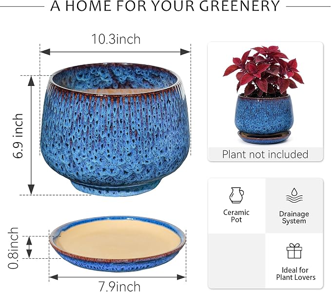 10.3 Inch Ceramic Planter with Saucer,Modern Garden Pots with Drainage Hole Mesh Net, for Indoor Outdoor Use (Speckle Blue)
