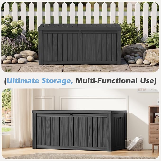 Outdoor Storage Box, 150 Gallon Resin Deck Boxes Outdoor Waterproof For Patio Furniture, Garden Tools, Pool Supplies, Lockable And UV Resistant (Striped Black)