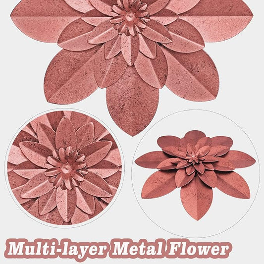Rose Gold Metal Flower Wall Art Decor, 9.5“ Rustic Modern Floral Sculpture, Distressed Iron Wall Hanging Home Decoration Accent Artworks for Indoor Kitchen Bedroom Living Room Office Outdoor Garden