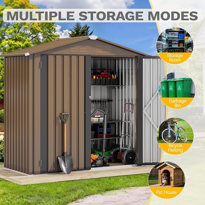 DWVO 6x4ft Metal Outdoor Storage Shed, Waterproof Tool Shed Heavy-Duty Storage Unit with Lockable Door and Vents, Ideal for Bicycles, Tools, Lawnmowers, Backyards, Patios, Lawns - Brown