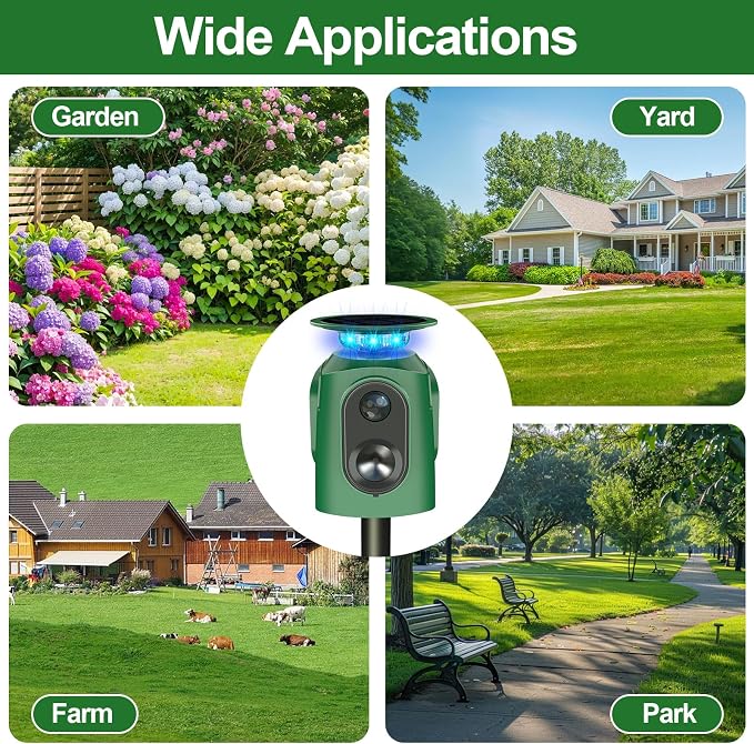 Upgraded Solar Ultrasonic Animal Repellent,360° Cat Repellent Outdoor with Motion Sensor,IP65 Waterproof Dog Repeller with Flash Light to Drive Away Rabbit Deer Squirrel Skunk for Yard Garden Lawn