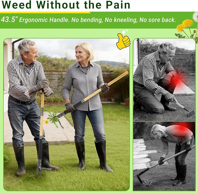 43.5" Weed Puller Tool for Lawn Yard, Dual-Eject Mechanism with Bag | 4-Claw Steel Head,Adjustable 43.5" Bamboo Long Handle,Supports a weight of 265 lbs,Includes 16 Gallon Leaf Bag
