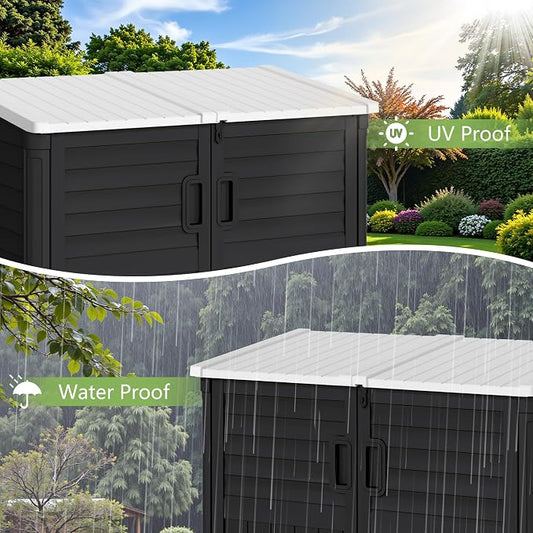 Greesum Outdoor Trash Can Storage Shed, 34 Cu.ft Horizontal Outdoor Storage Cabinet, Waterproof for Garden, Pool Storage, Garbage Cans, Black