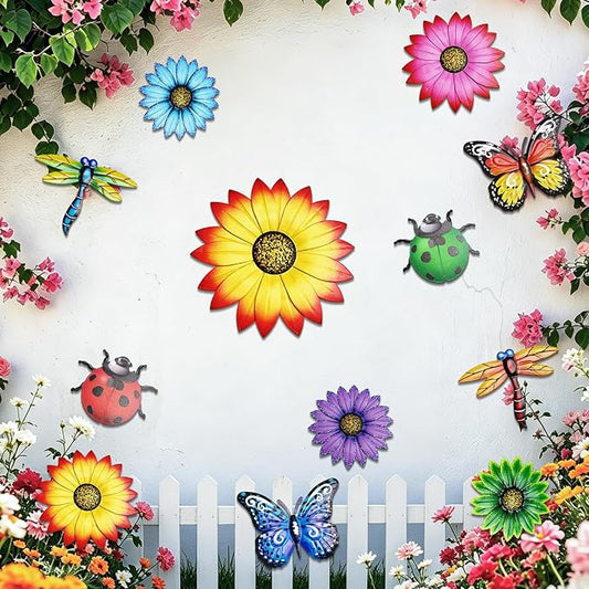 Super Ubelle 12 Pcs 3D Metal Garden Flower Wall Art Decor Kit | Outdoor Wall Art Flower Butterfly Dragonfly Ladybug Hanging Decorations for Patio Yard Backyard Balcony