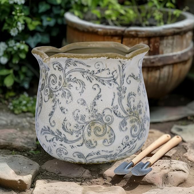 Dosayes Rustic Ceramic Planter, 6 Inch Tuscan Vintage Flower Pot with Drainage, Farmhouse Garden Pot for Indoor Plants, Kitchen & Garden Tuscan Decor, Plant Lover Gift (Grey)