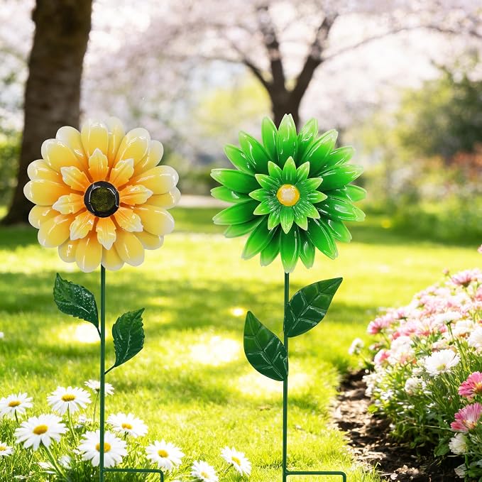 2 Pack Metal Flower Wind Spinners, Yellow Sunflower & Green Daisy Garden Stakes Yard Art, Decorative Floral Pinwheels Lawn Ornaments for Outdoor, Patio, Backyard and Flower Bed Spring Decor
