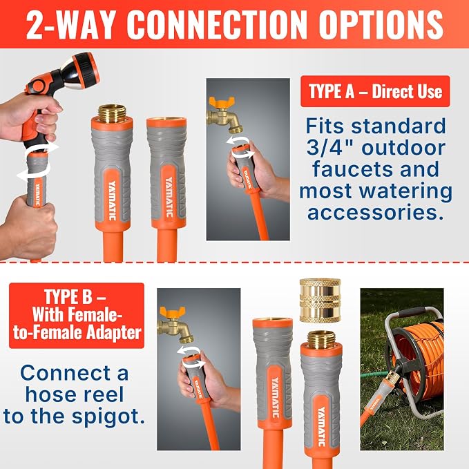 YAMATIC 15FT Flexible Garden Hose Female to Female 5/8in, Burst 600 PSI | 15 ft Short Leader Hose, 2-in-1 Dual Use with 3/4" Solid Brass Swivel Fittings, Small Water Hose Extension for Reel Lawn Yard