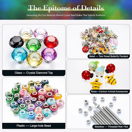 264Pcs Beaded Garden Stakes with Cute Animal- Bee, Ladybug, Bird & Butterfly Fairy Wand Kit,12in Threaded Rods for Spring Garden Outdoor&Indoor Decorations