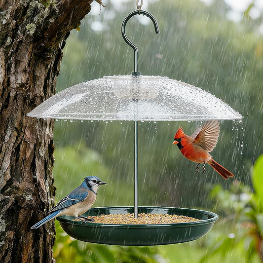 Gtongoko Platform Bird Feeder for Outdoors Hanging with 12” Weatherproof Dome, Squirrel-Resistant Metal Tray, 2 Lbs Seed Capacity, 360° Multi-Bird Feeding, Green