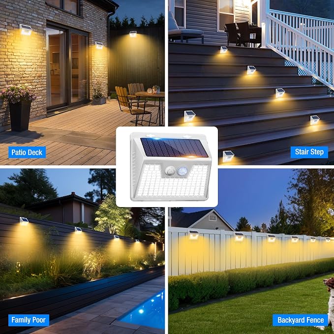 Peasur Solar Lights Outdoor Motion Sensor Waterproof, 8Pack 140LED White Solar Powered Fence Lights, 3 Modes Security Wall Lights for Garden Yard Outside Warm