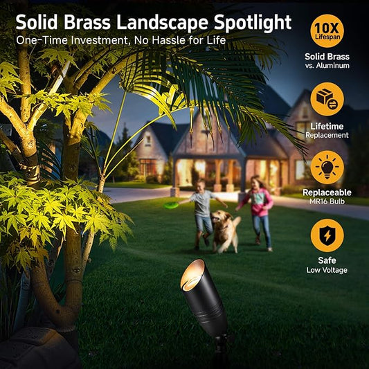 Gardenreet Landscape Spotlights Low Voltage - Brass 12V Outdoor Uplight LED, Wired Spot Lights IP65 Waterproof, Black for Exterior Garden Yard Tree House with 5W 2700K Warm White MR16 Bulb
