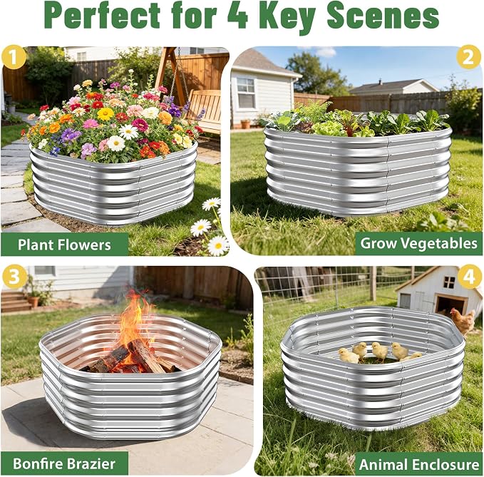 Hexagon Raised Garden Bed, 48 Inch Diagonal & 16.5 Inch Tall, Galvanized Steel Planter Box with Wave-Shaped Metal Panels for Outdoor Flower,Tree,Herb & Vegetable Garden (Silver, 4FT X 1.5FT)