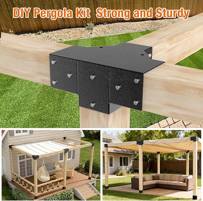 4-Way Pergola Brackets, 4"x4" Pergola Kit, Pergola Corner Bracket for Gazebos, Patio Pergolas, Log Cabin, Wooden Beams (2PCS)