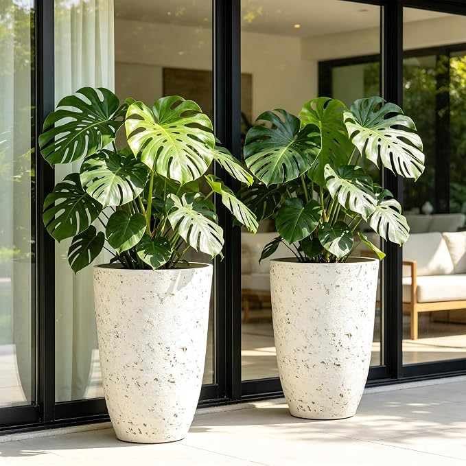 Autodaya 19.5" Resin Tall Planters for Outdoor Plants, Set of 2 Flower Pots | Country White Large Outdoor Planters With Birch Bark Texture, Heavy-Duty, Weather-Resistant For Year Round Indoor Outdoor Use