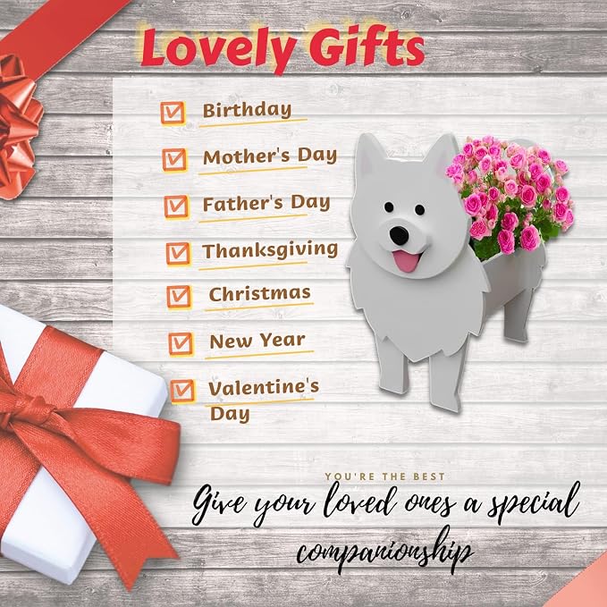Samoan Dog Planter Pots, 9.45 x 6.81 x 13.46 Inches | Dog Flower Pot, Cute Animal Shaped Plant Pot, Gifts for Women & Pet Lovers, Indoor Outdoor Garden Home Office Decor