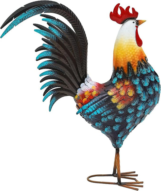 32" Majestic Metal Rooster Yard Decor, Large Outdoor Garden Statue | Outdoor Chicken Sculpture, 3D Hand-Painted, Rustic Farmhouse Style, Weather Resistant Iron, Backyard Patio Lawn Garden