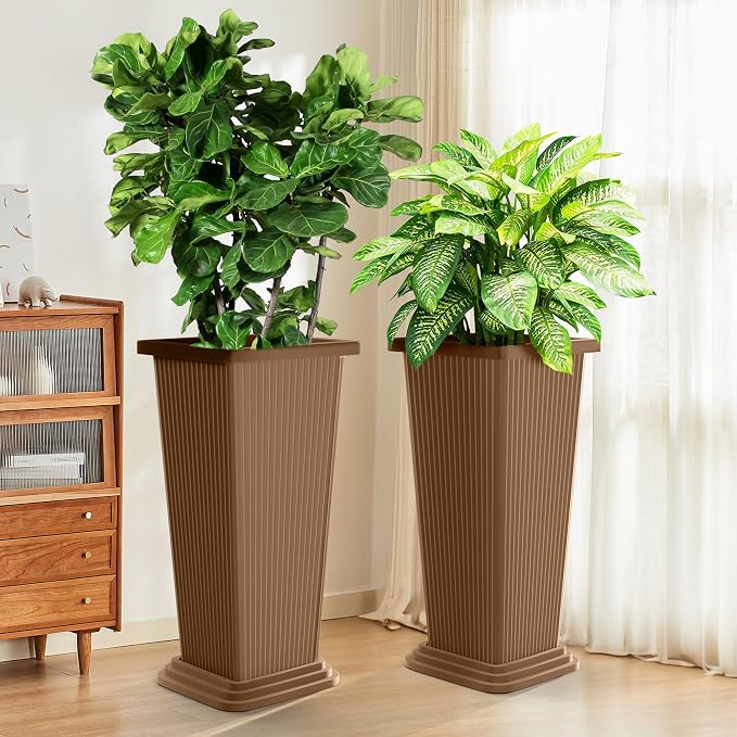 TUYOHW Set of 2 Tall Planters, 24" Large Indoor Outdoor Flower Pots with Tray, Modern Tapered Planters for Porch, Patio, Garden, Backyard