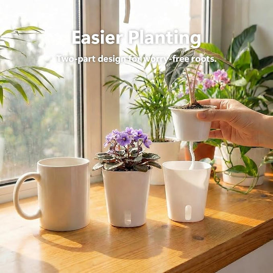 10 Pack 3 Inch Self Watering Pots for Indoor Plants, White Plastic Planters with Water Level Indicator, Drainage Holes & Wick, Small Plant Pots for Cuttings, Seedlings, Herbs, African Violets