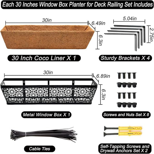Halatool 4 Pack 30 Inch Window Box with Coco Liner Sturdy Metal Deck Railing Planter with Coconut Coir Basket Liners for Windowsill Fence Porch Balcony and Patio Outdoor Indoor Lawn