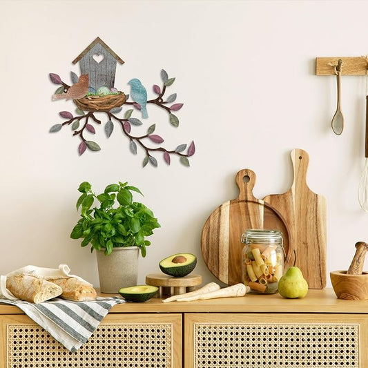 Rustic Metal Wall Decor, Leaves Wall Art Birdhouse, Wall Hanging for Living Room, Kitchen, Garden, Patio, 10.6 x 12 Inch, Light Grey