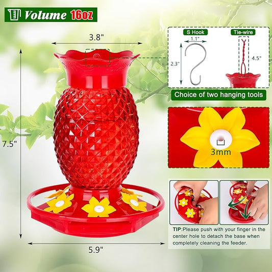 Fchstaer Glass Hummingbird Feeders for Outdoors Hanging 16oz 1 Pack Red Pineapple Bee & Ant Proof 360°Perch Leakproof Easy Clean with 6 Feeding Ports Gifts for Mom