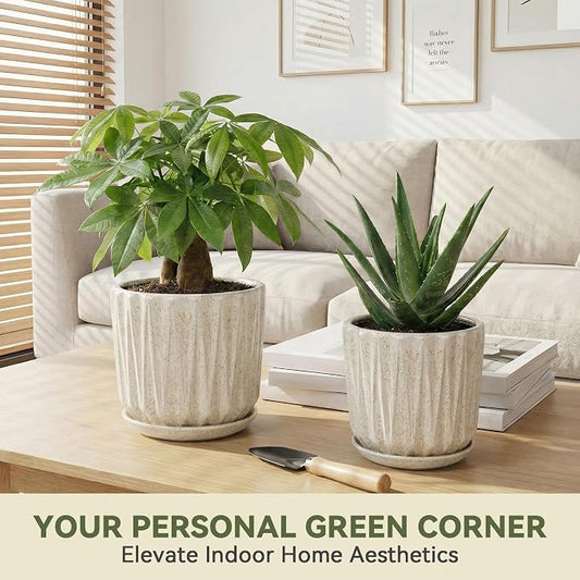 10 Inch Ceramic Planter Pot with Saucer Drainage Leak-Proof Mesh,Flower Pots for Indoor Plants with Gardening Gloves,Ceramic Planter(Silk White)