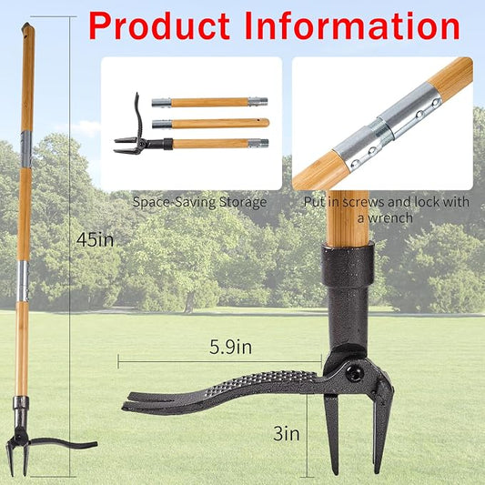 Weeder - Stand Up Weed Puller Tool Made with Long Handle - Real Bamboo & 4-Claw Steel Head, Easily Remove Weeds Without Bending, Pulling, or Kneeling.