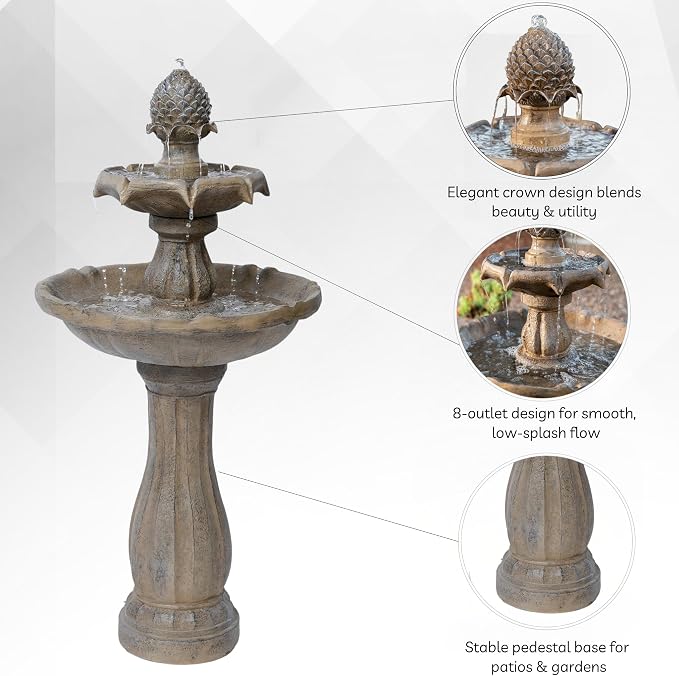 XBrand 44" Solar Powered Outdoor 2-Tier Cascading Water Fountain, Fiberglass Resin Garden & Patio Solar Fountain, Beige