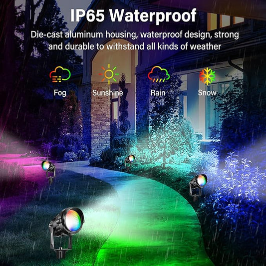 12W RGBW Landscape Spotlights, Color Changing Lights with Remote | 16 colors with warm white, waterproof memory recall and plug-in setup for vibrant year-round landscape lighting