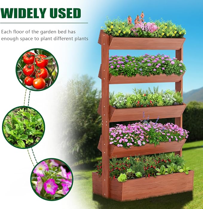 SUNYRISY 5 Tiers Vertical Raised Garden Bed Planter Outdoor, Freestanding Wooden Garden Tiered Planter Box Stand for Planting Herbs Flowers Vegetables Outdoor Gardening