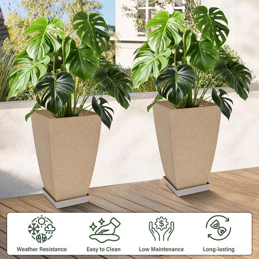 Neoaider Set of 2 Tall Planter, 21 inch Large Plastic Planter, Marble | Ceramic-Look, Lightweight, Built-in Drain Hole, Saucers, Tall Outdoor Planter for Porch, Garden, Patio, Balcony