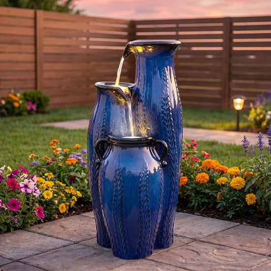 29.5" H Ceramic Outdoor Water Fountain with LED Lights, 3-Tier Vase Cascading Water Feature, Cobalt Blue with Embossed Leaf Patterns, Tranquil Waterfall for Garden, Patio, Yard, or Porch