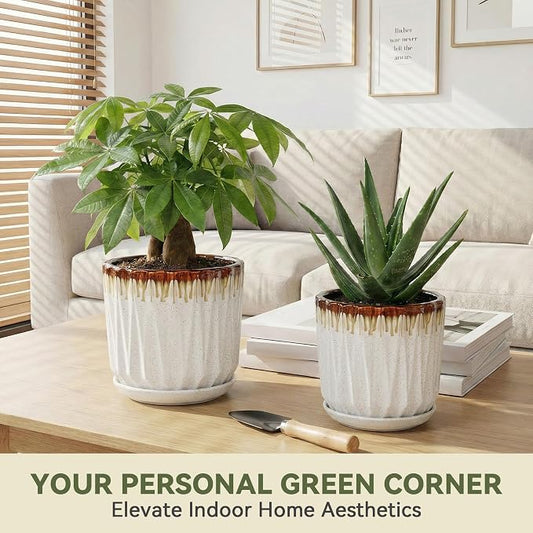 7.5 Inch Ceramic Planter Pot with Saucer Drainage Leak-Proof Mesh,Flower Pots for Indoor Plants with Gardening Gloves,Ceramic Planter(Linen White)