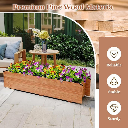 HAPPYGRILL Raised Garden Bed, 44" x 11" x 10" Wood Flower Planter Box w/4 Drainage Holes, Black Liner for Containing Soil, Indoor Outdoor Wooden Elevated Garden Bed for Vegetable Flower Herb, Orange