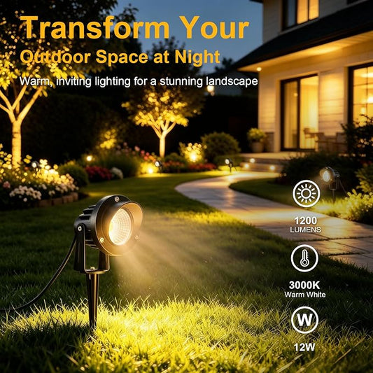 Romwish 12W LED Landscape Spotlights, 120V Plug-in Outdoor Lighting, 4 Pack | 1200LM Brightness with 3000K Warm White, IP65 Waterproof, Adjustable 270° Head & 60° Beam for Tree, Garden, Pathway and Yard