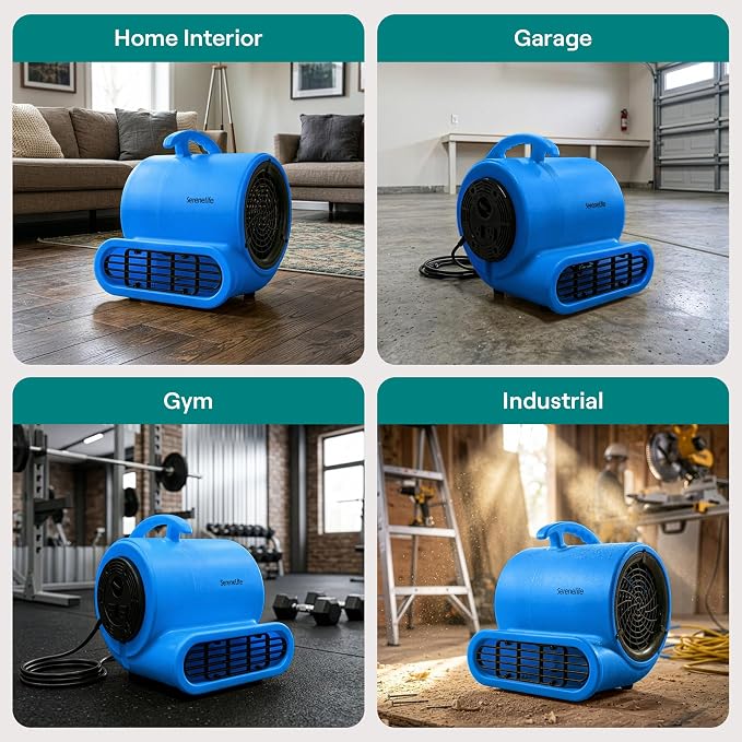 SereneLife Air Mover Blower Fan 1000 CFM – Powerful High Performance 3-Speed Fan for Floor & Carpet Drying, Portable Floor Fan w/Adjustable Tilt, Plug Multiple Units for Home Garage & Restoration Use
