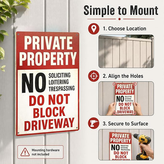 Private Property Tin Sign, 12 x 8 Inch No Soliciting Aluminum Metal Wall Decor, Vintage No Trespassing Notice for Porch, Gate, Fence, Entryway