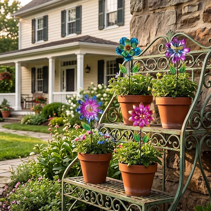 Calenzana Metal Flower Garden Stakes for Outside, 4 Pack Flower Garden Decor with Shaking Head for Yard Porch Lawn Pathway, Multi-Color